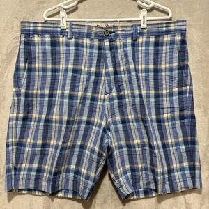 Tommy Bahama Paddleboard Plaid Linen-Tencel Short Men's 40 Blue Pockets Logo